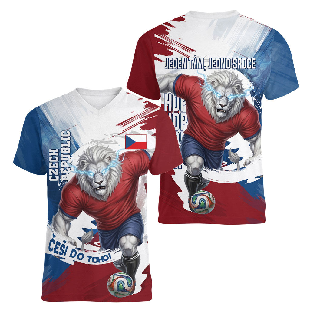 Czech Republic Football Women V-Neck T-Shirt Fierce Athletic Lion Graphic In Painted Grunge Flag Style