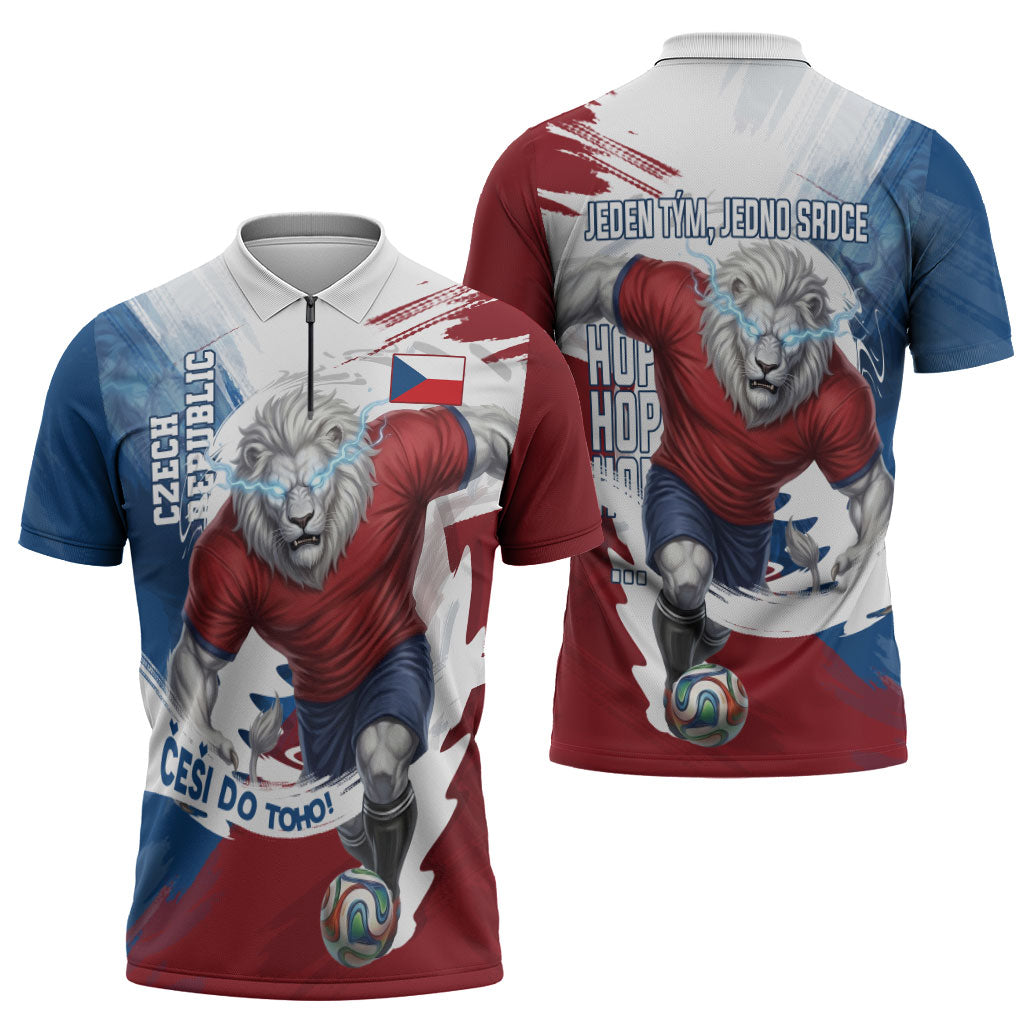 Czech Republic Football Zipper Polo Shirt Fierce Athletic Lion Graphic In Painted Grunge Flag Style
