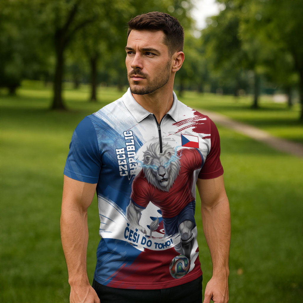 Czech Republic Football Zipper Polo Shirt Fierce Athletic Lion Graphic In Painted Grunge Flag Style