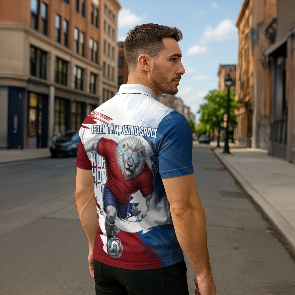 Czech Republic Football Zipper Polo Shirt Fierce Athletic Lion Graphic In Painted Grunge Flag Style