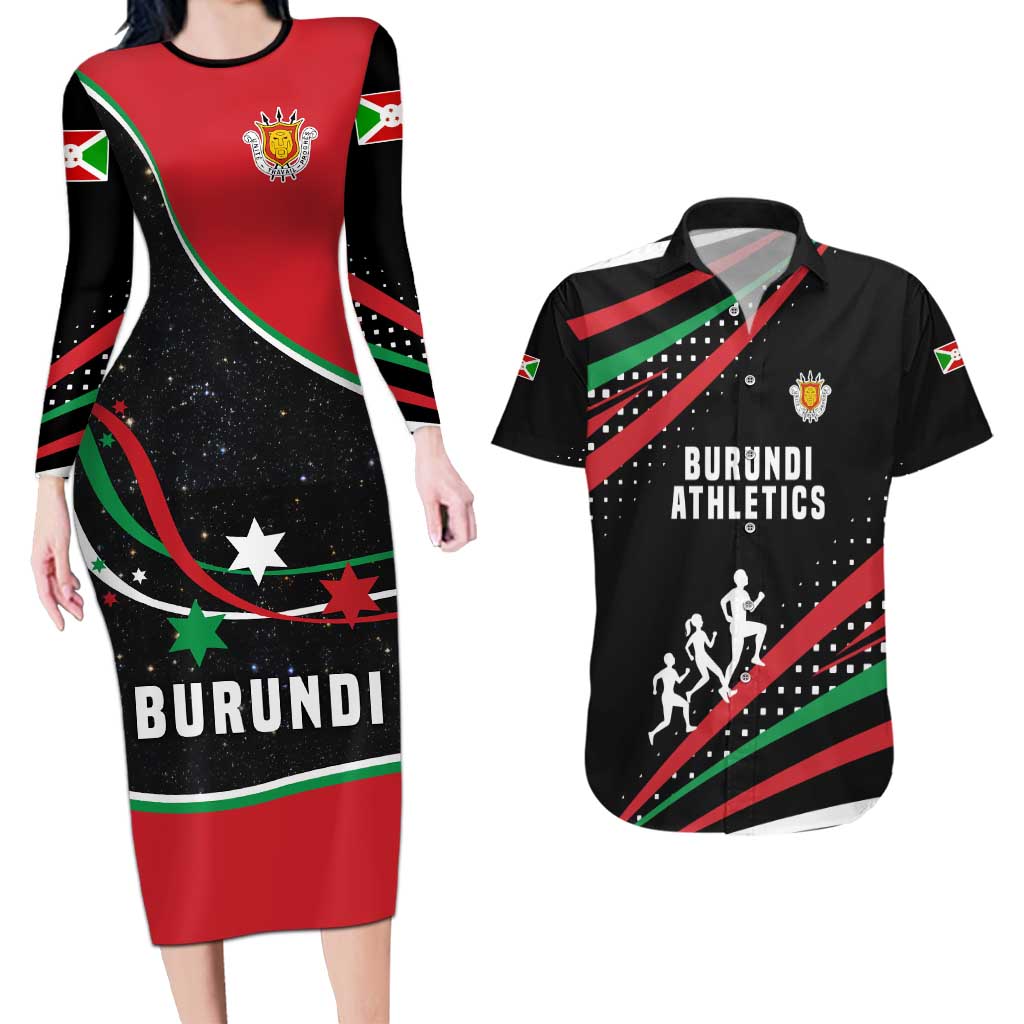 Burundi Couples Matching Long Sleeve Bodycon Dress and Hawaiian Shirt with Athletics Runners Black Red Green Flag Spirit
