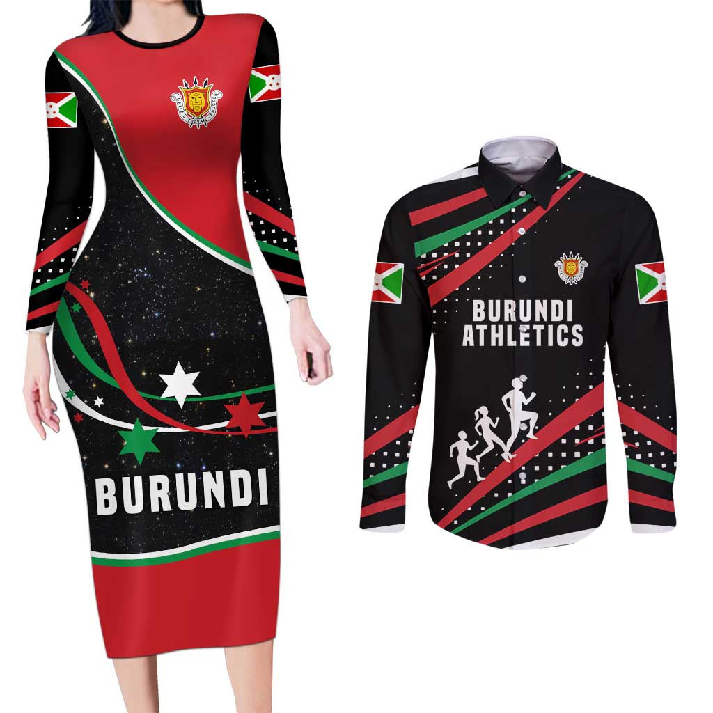 Burundi Couples Matching Long Sleeve Bodycon Dress and Long Sleeve Button Shirt with Athletics Runners Black Red Green Flag Spirit