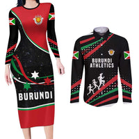 Burundi Couples Matching Long Sleeve Bodycon Dress and Long Sleeve Button Shirt with Athletics Runners Black Red Green Flag Spirit