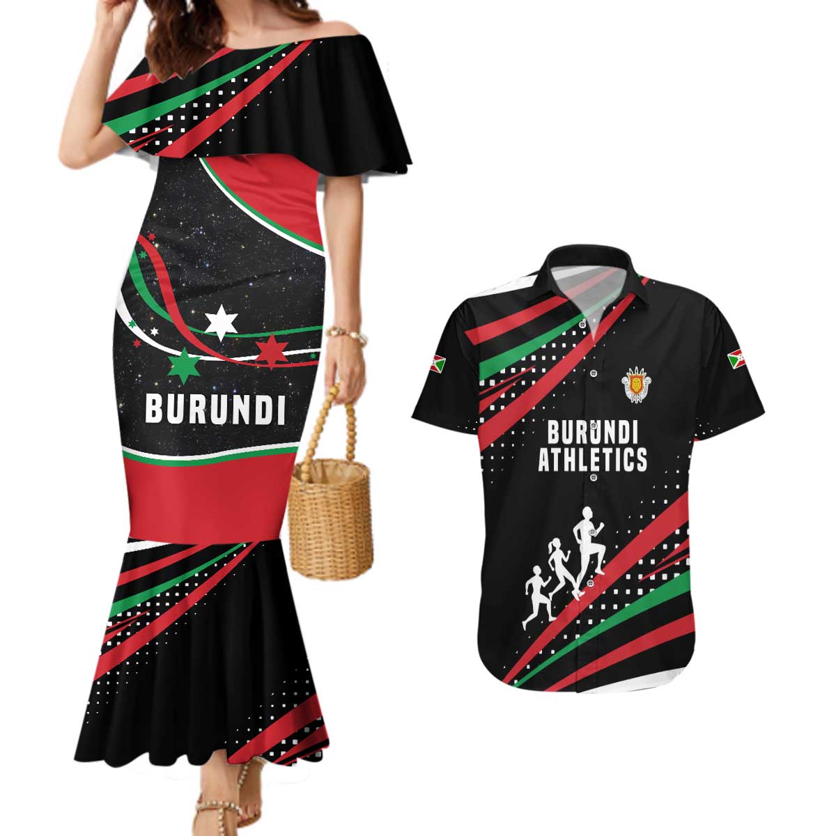 Burundi Couples Matching Mermaid Dress and Hawaiian Shirt with Athletics Runners Black Red Green Flag Spirit