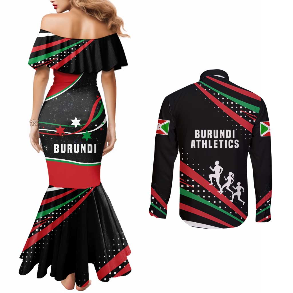 Burundi Couples Matching Mermaid Dress and Long Sleeve Button Shirt with Athletics Runners Black Red Green Flag Spirit