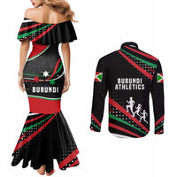 Burundi Couples Matching Mermaid Dress and Long Sleeve Button Shirt with Athletics Runners Black Red Green Flag Spirit