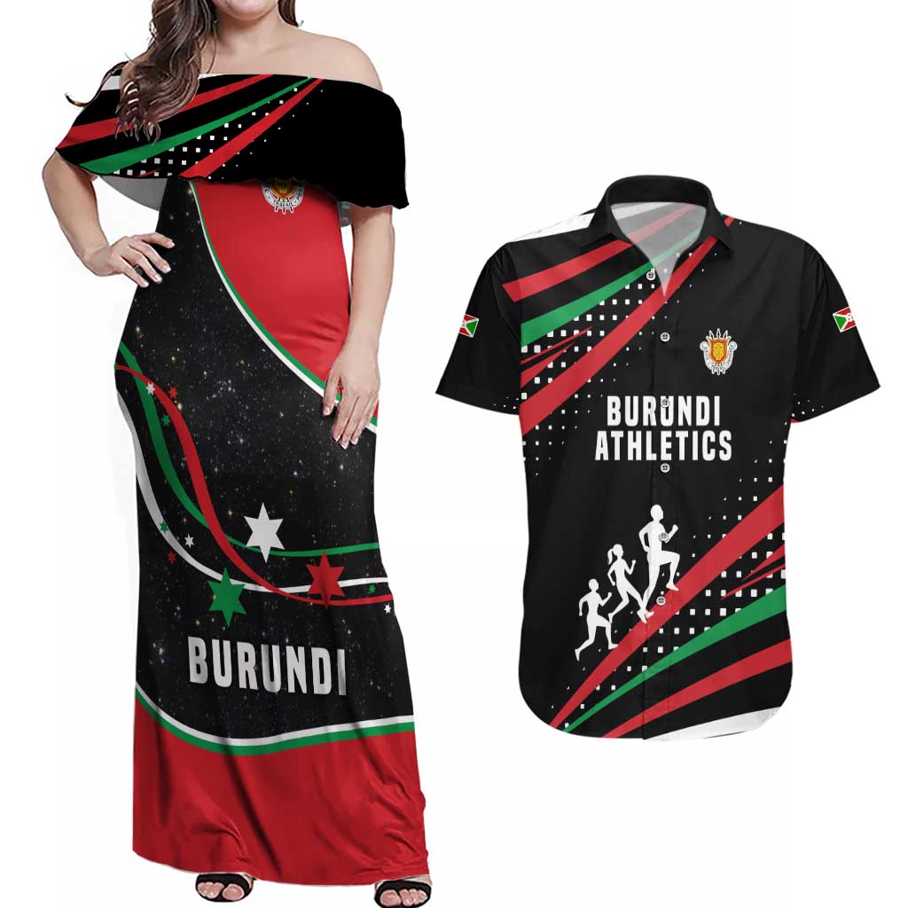 Burundi Couples Matching Off Shoulder Maxi Dress and Hawaiian Shirt with Athletics Runners Black Red Green Flag Spirit