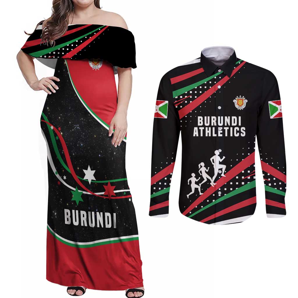 Burundi Couples Matching Off Shoulder Maxi Dress and Long Sleeve Button Shirt with Athletics Runners Black Red Green Flag Spirit