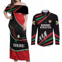 Burundi Couples Matching Off Shoulder Maxi Dress and Long Sleeve Button Shirt with Athletics Runners Black Red Green Flag Spirit
