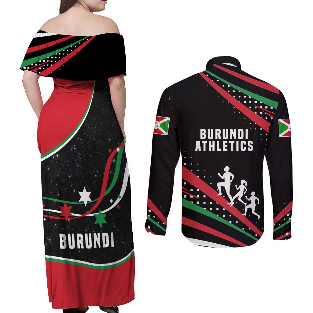 Burundi Couples Matching Off Shoulder Maxi Dress and Long Sleeve Button Shirt with Athletics Runners Black Red Green Flag Spirit