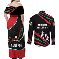 Burundi Couples Matching Off Shoulder Maxi Dress and Long Sleeve Button Shirt with Athletics Runners Black Red Green Flag Spirit