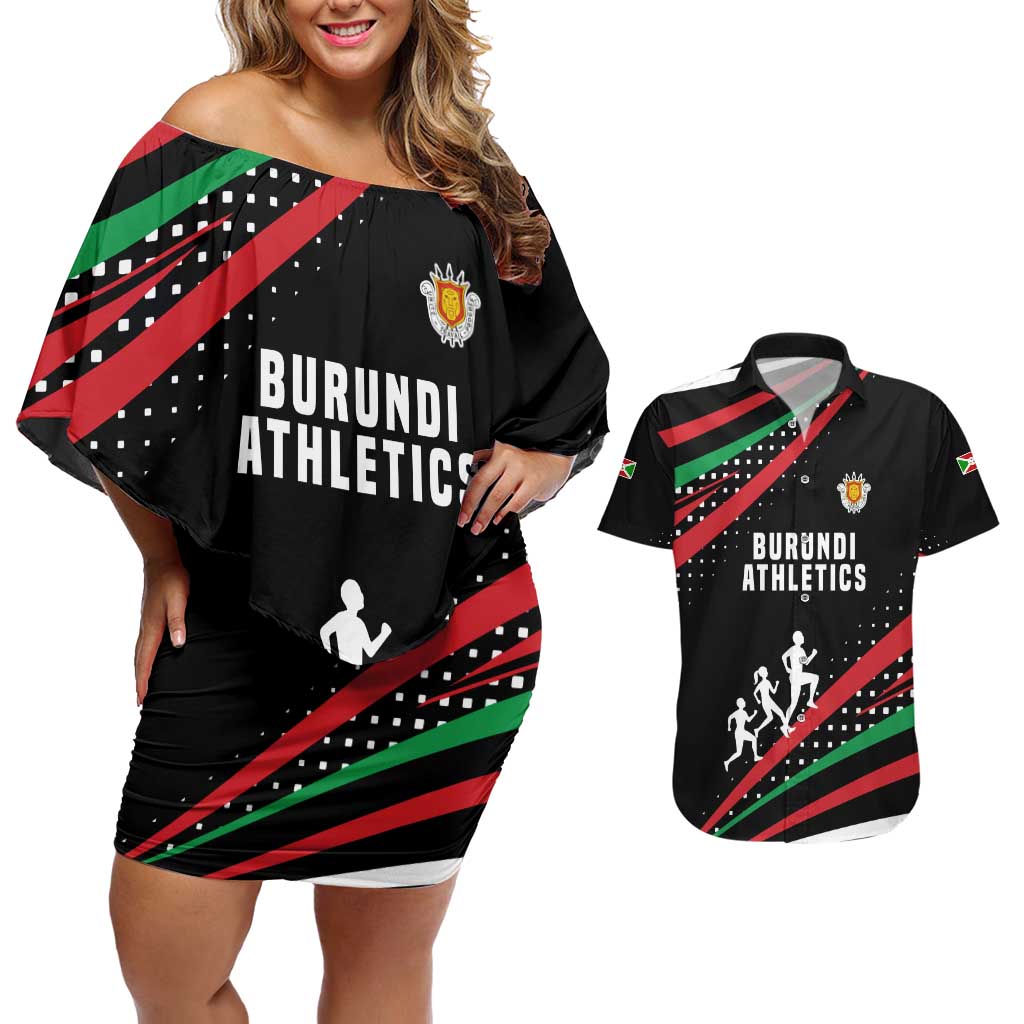 Burundi Couples Matching Off Shoulder Short Dress and Hawaiian Shirt with Athletics Runners Black Red Green Flag Spirit