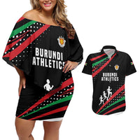 Burundi Couples Matching Off Shoulder Short Dress and Hawaiian Shirt with Athletics Runners Black Red Green Flag Spirit