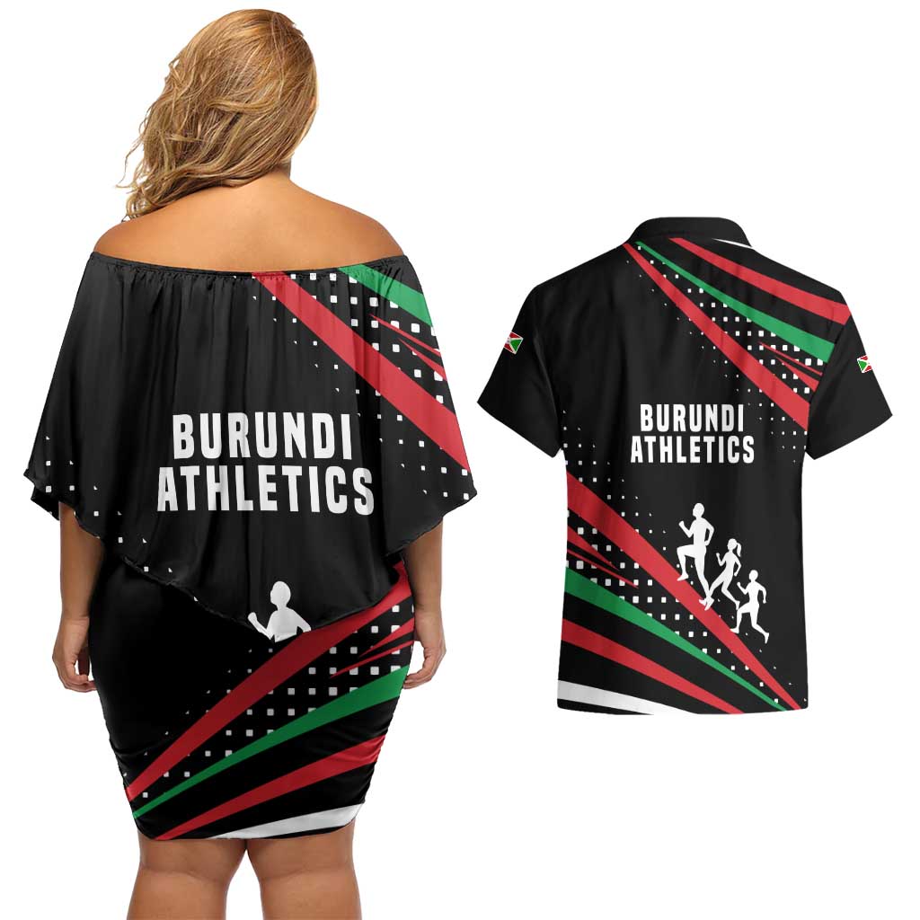 Burundi Couples Matching Off Shoulder Short Dress and Hawaiian Shirt with Athletics Runners Black Red Green Flag Spirit