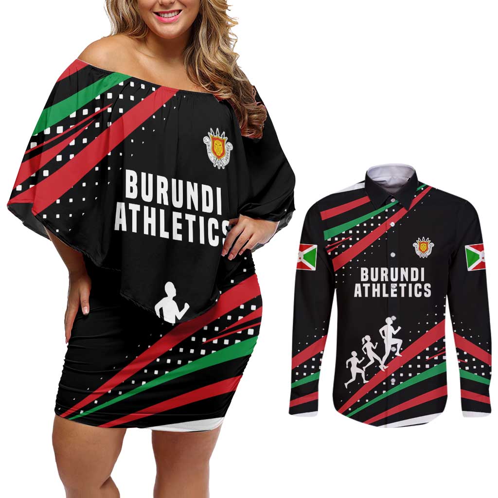 Burundi Couples Matching Off Shoulder Short Dress and Long Sleeve Button Shirt with Athletics Runners Black Red Green Flag Spirit