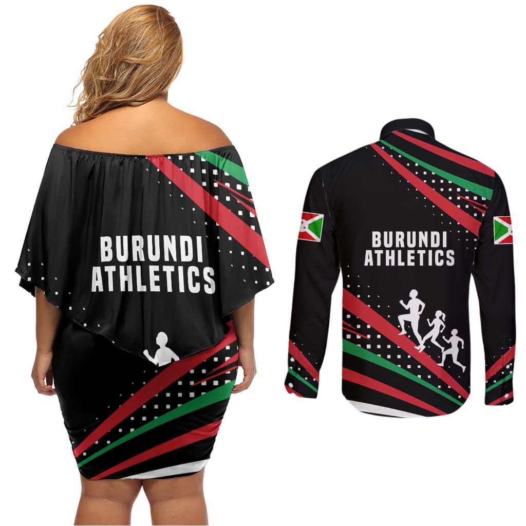 Burundi Couples Matching Off Shoulder Short Dress and Long Sleeve Button Shirt with Athletics Runners Black Red Green Flag Spirit