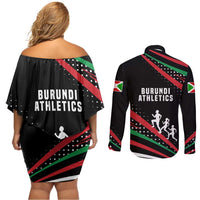 Burundi Couples Matching Off Shoulder Short Dress and Long Sleeve Button Shirt with Athletics Runners Black Red Green Flag Spirit
