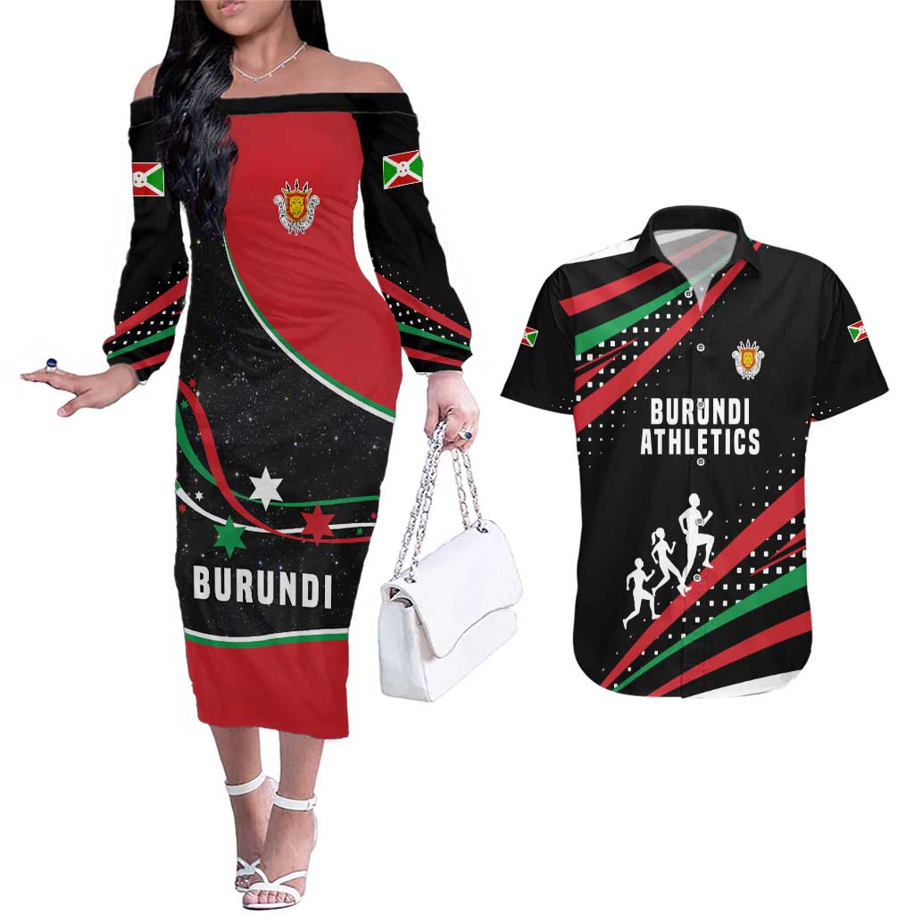 Burundi Couples Matching Off The Shoulder Long Sleeve Dress and Hawaiian Shirt with Athletics Runners Black Red Green Flag Spirit