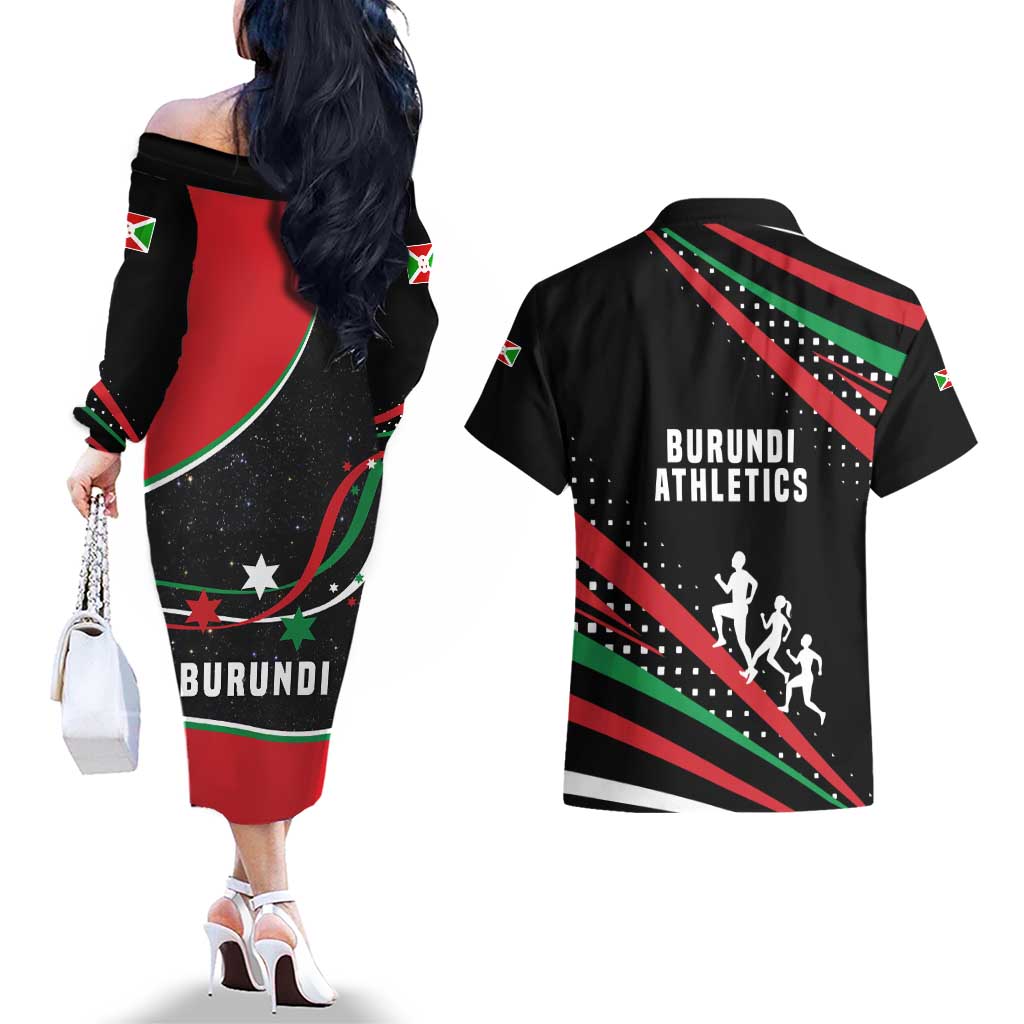 Burundi Couples Matching Off The Shoulder Long Sleeve Dress and Hawaiian Shirt with Athletics Runners Black Red Green Flag Spirit