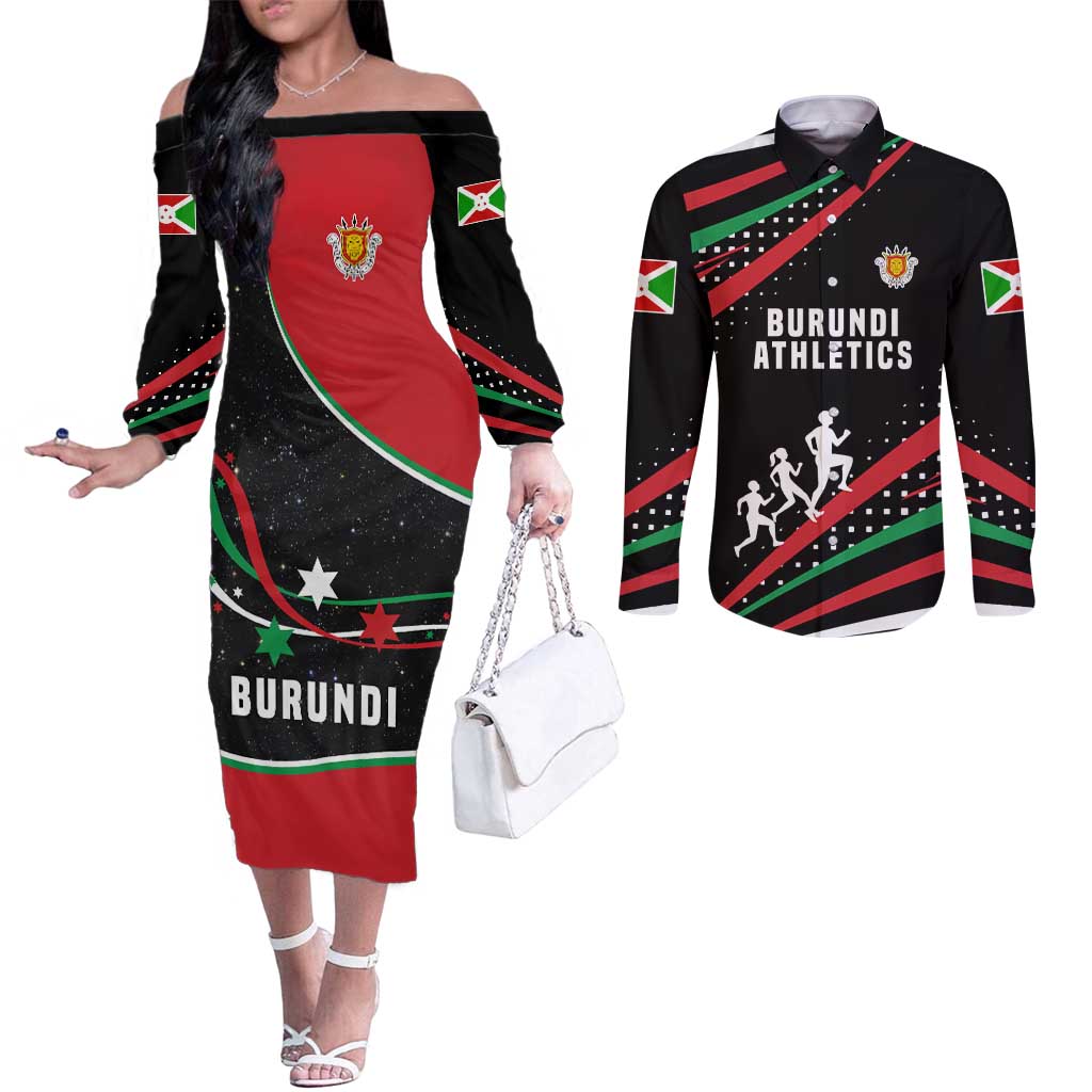 Burundi Couples Matching Off The Shoulder Long Sleeve Dress and Long Sleeve Button Shirt with Athletics Runners Black Red Green Flag Spirit