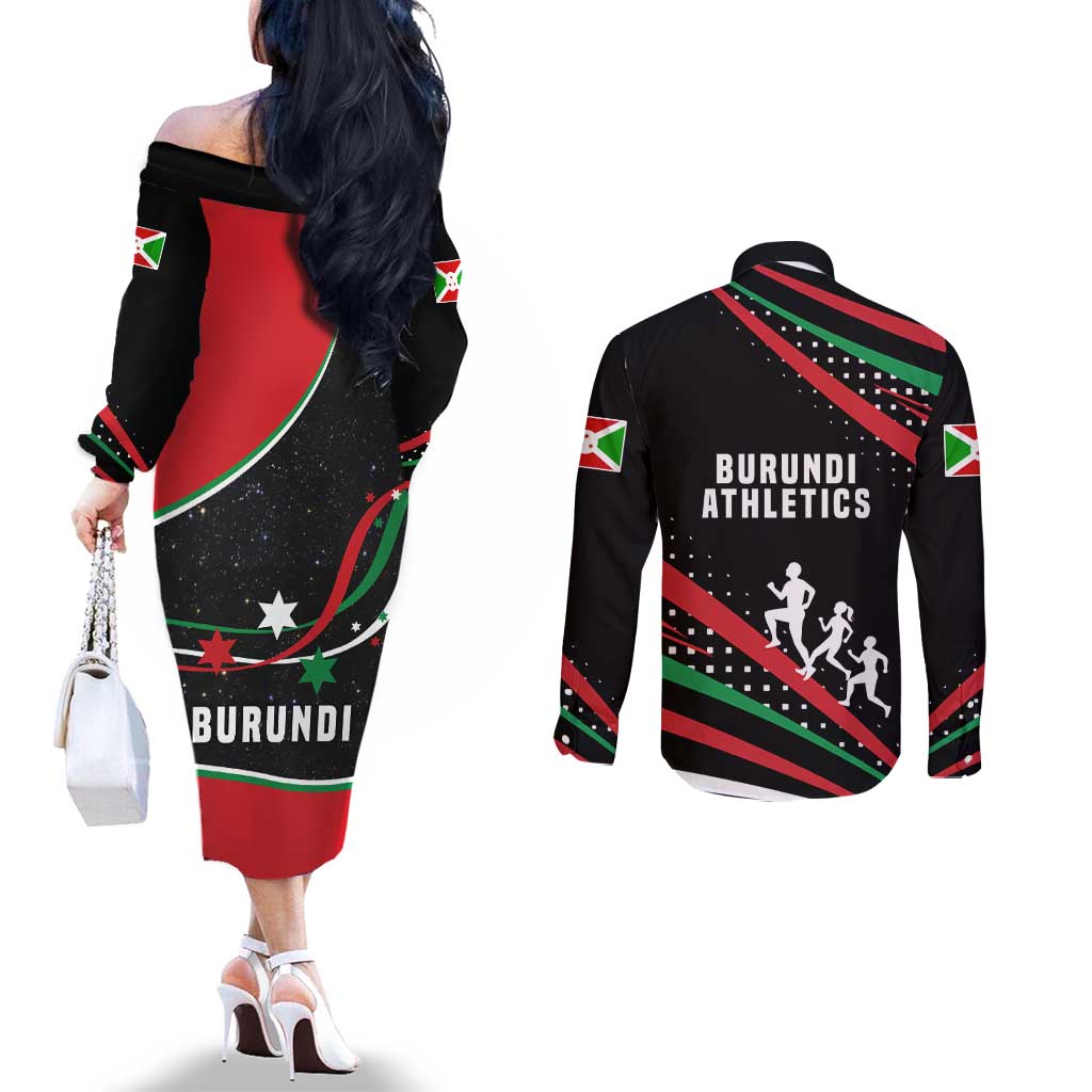 Burundi Couples Matching Off The Shoulder Long Sleeve Dress and Long Sleeve Button Shirt with Athletics Runners Black Red Green Flag Spirit