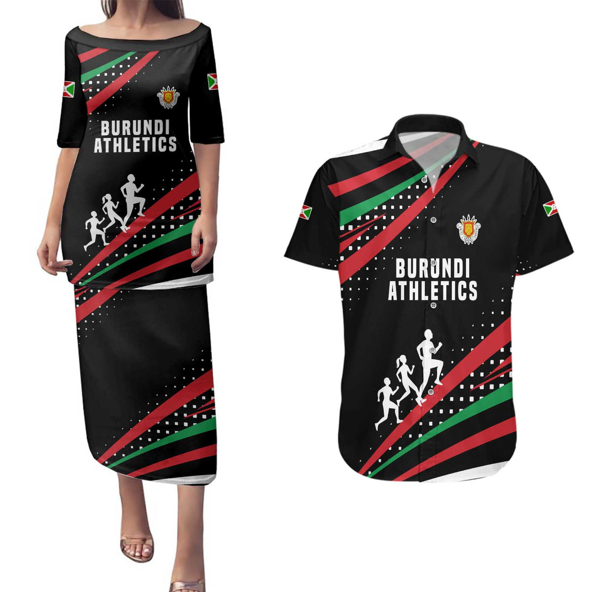 Burundi Couples Matching Puletasi and Hawaiian Shirt with Athletics Runners Black Red Green Flag Spirit