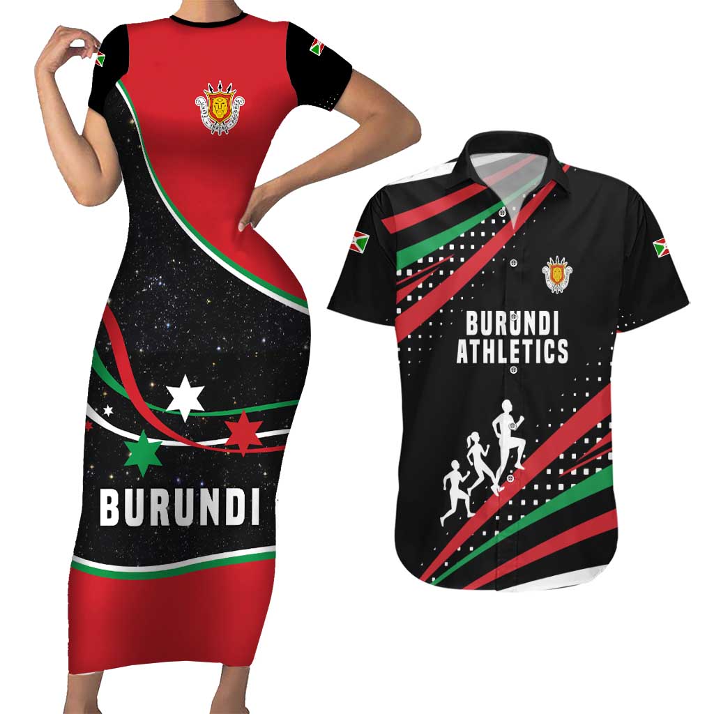Burundi Couples Matching Short Sleeve Bodycon Dress and Hawaiian Shirt with Athletics Runners Black Red Green Flag Spirit