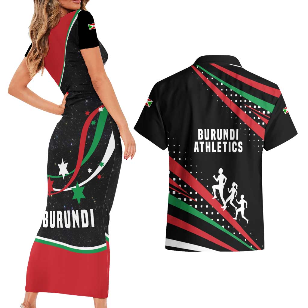 Burundi Couples Matching Short Sleeve Bodycon Dress and Hawaiian Shirt with Athletics Runners Black Red Green Flag Spirit
