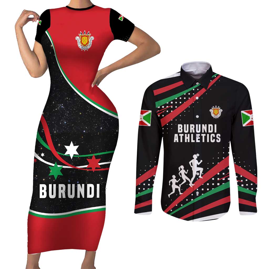 Burundi Couples Matching Short Sleeve Bodycon Dress and Long Sleeve Button Shirt with Athletics Runners Black Red Green Flag Spirit