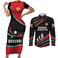 Burundi Couples Matching Short Sleeve Bodycon Dress and Long Sleeve Button Shirt with Athletics Runners Black Red Green Flag Spirit