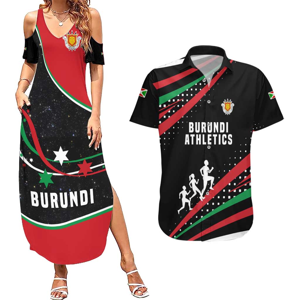 Burundi Couples Matching Summer Maxi Dress and Hawaiian Shirt with Athletics Runners Black Red Green Flag Spirit