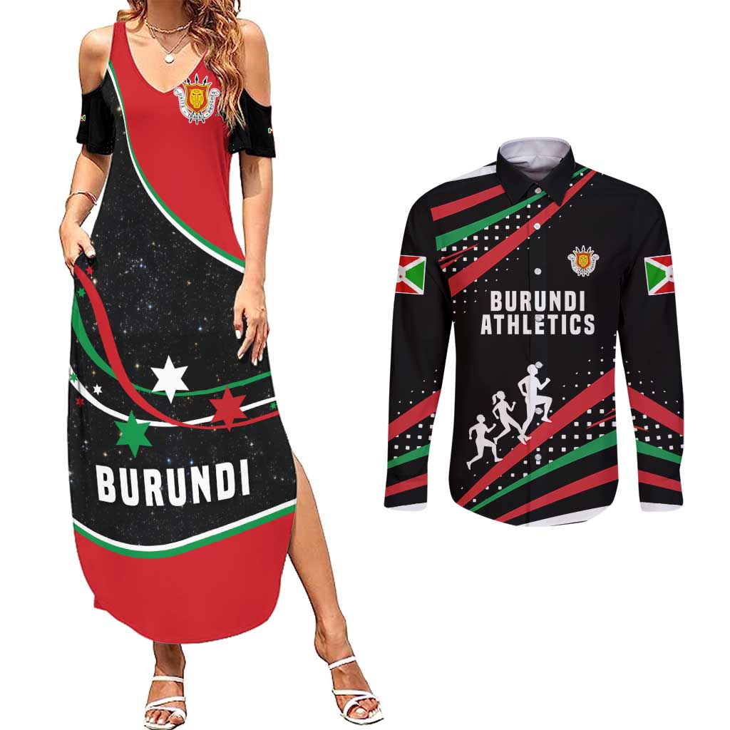 Burundi Couples Matching Summer Maxi Dress and Long Sleeve Button Shirt with Athletics Runners Black Red Green Flag Spirit