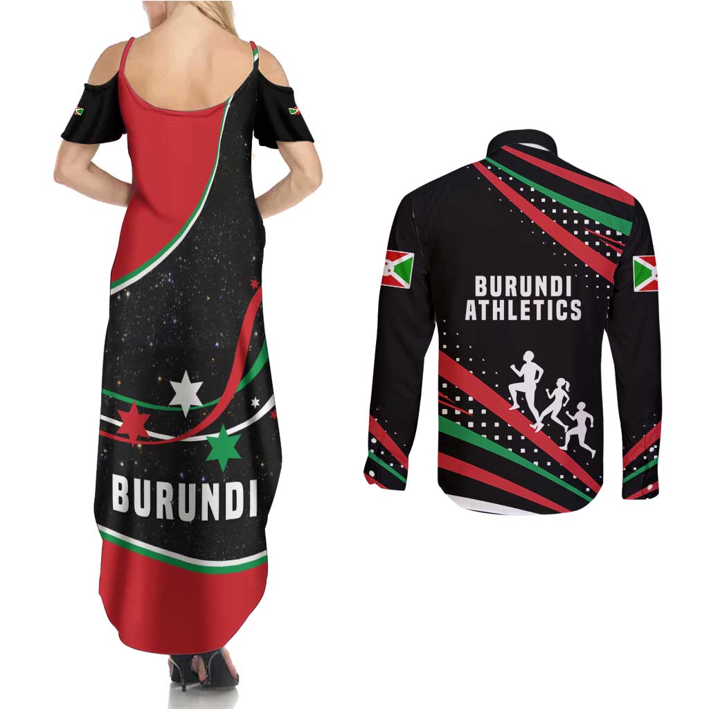 Burundi Couples Matching Summer Maxi Dress and Long Sleeve Button Shirt with Athletics Runners Black Red Green Flag Spirit