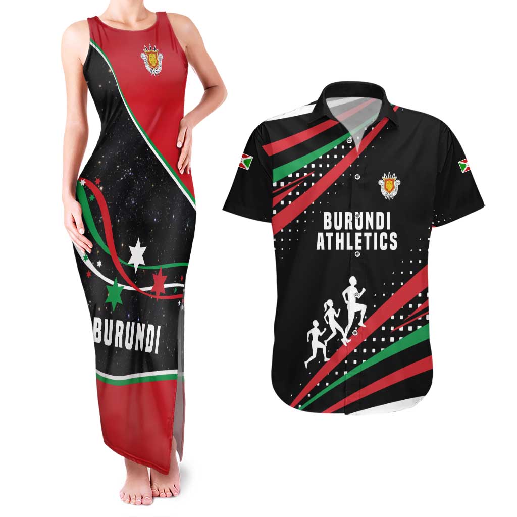 Burundi Couples Matching Tank Maxi Dress and Hawaiian Shirt with Athletics Runners Black Red Green Flag Spirit