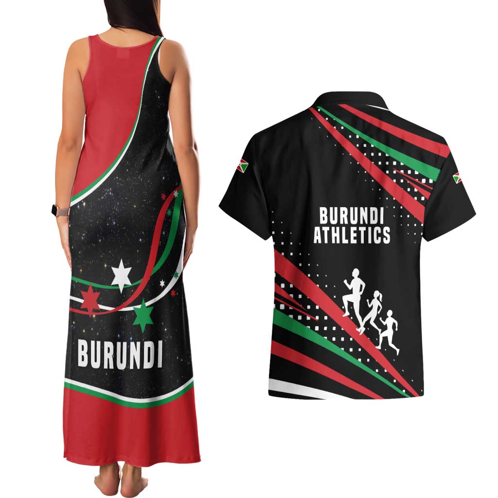 Burundi Couples Matching Tank Maxi Dress and Hawaiian Shirt with Athletics Runners Black Red Green Flag Spirit