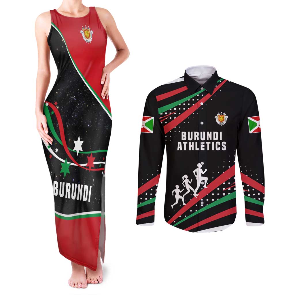 Burundi Couples Matching Tank Maxi Dress and Long Sleeve Button Shirt with Athletics Runners Black Red Green Flag Spirit