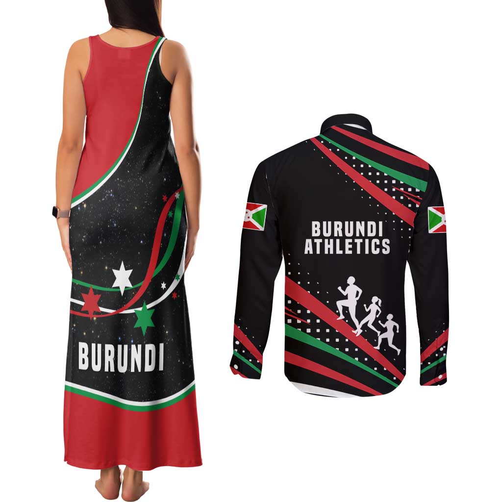 Burundi Couples Matching Tank Maxi Dress and Long Sleeve Button Shirt with Athletics Runners Black Red Green Flag Spirit