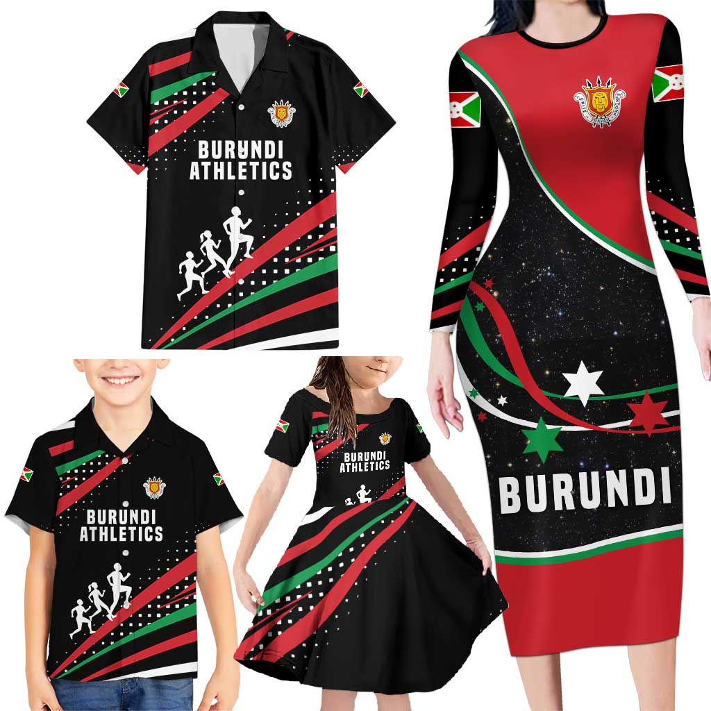Burundi Family Matching Long Sleeve Bodycon Dress and Hawaiian Shirt with Athletics Runners Black Red Green Flag Spirit