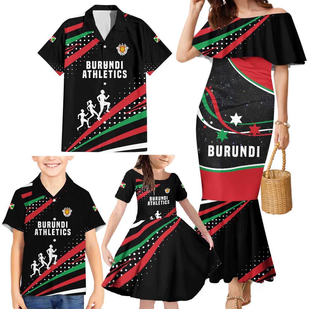 Burundi Family Matching Mermaid Dress and Hawaiian Shirt with Athletics Runners Black Red Green Flag Spirit