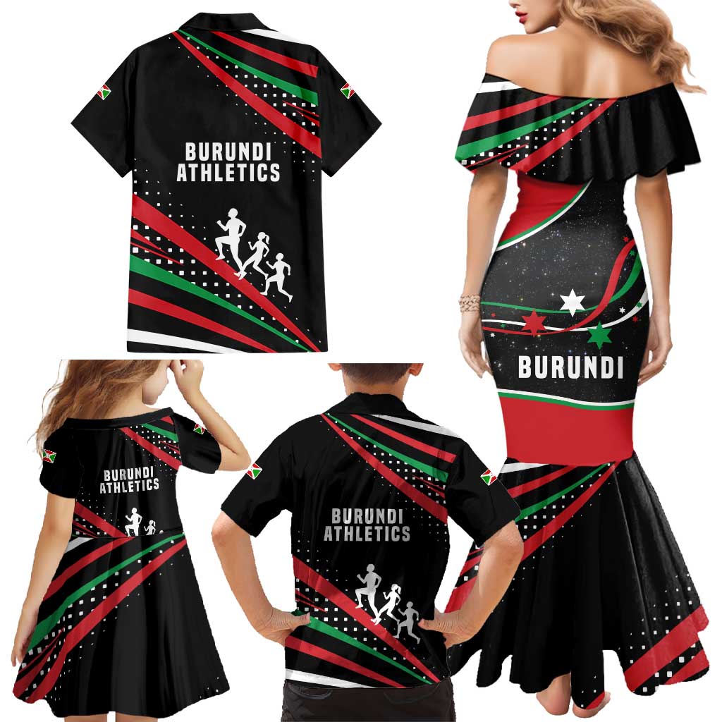 Burundi Family Matching Mermaid Dress and Hawaiian Shirt with Athletics Runners Black Red Green Flag Spirit