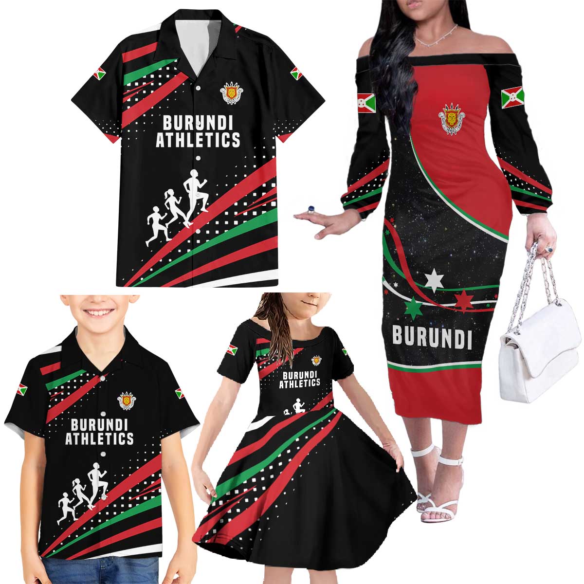 Burundi Family Matching Off The Shoulder Long Sleeve Dress and Hawaiian Shirt with Athletics Runners Black Red Green Flag Spirit