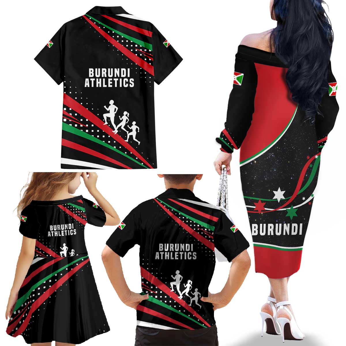 Burundi Family Matching Off The Shoulder Long Sleeve Dress and Hawaiian Shirt with Athletics Runners Black Red Green Flag Spirit