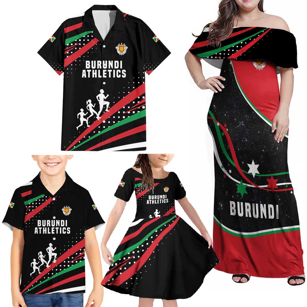 Burundi Family Matching Off Shoulder Maxi Dress and Hawaiian Shirt with Athletics Runners Black Red Green Flag Spirit