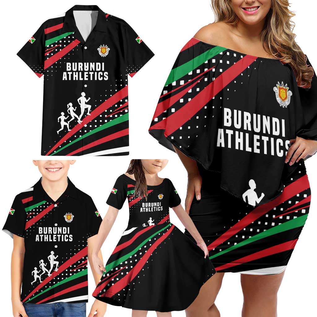 Burundi Family Matching Off Shoulder Short Dress and Hawaiian Shirt with Athletics Runners Black Red Green Flag Spirit