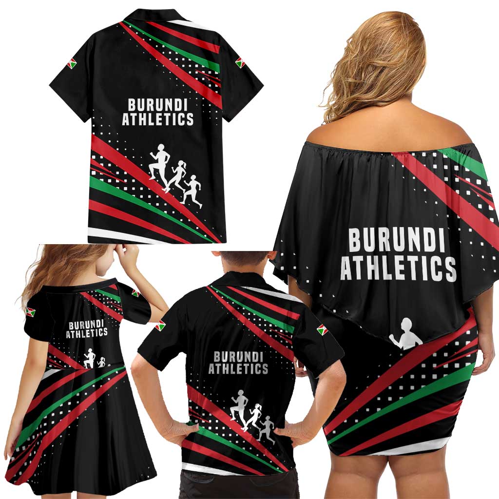 Burundi Family Matching Off Shoulder Short Dress and Hawaiian Shirt with Athletics Runners Black Red Green Flag Spirit