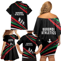 Burundi Family Matching Off Shoulder Short Dress and Hawaiian Shirt with Athletics Runners Black Red Green Flag Spirit