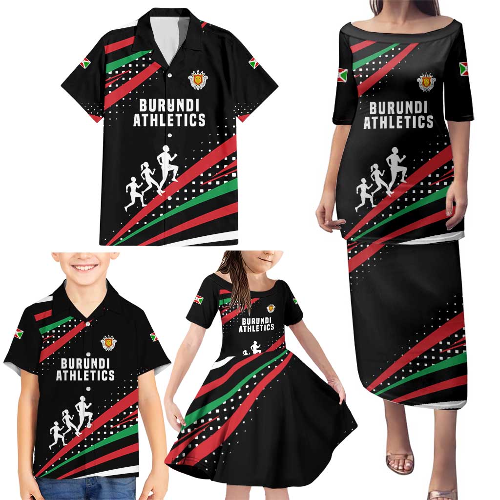 Burundi Family Matching Puletasi and Hawaiian Shirt with Athletics Runners Black Red Green Flag Spirit