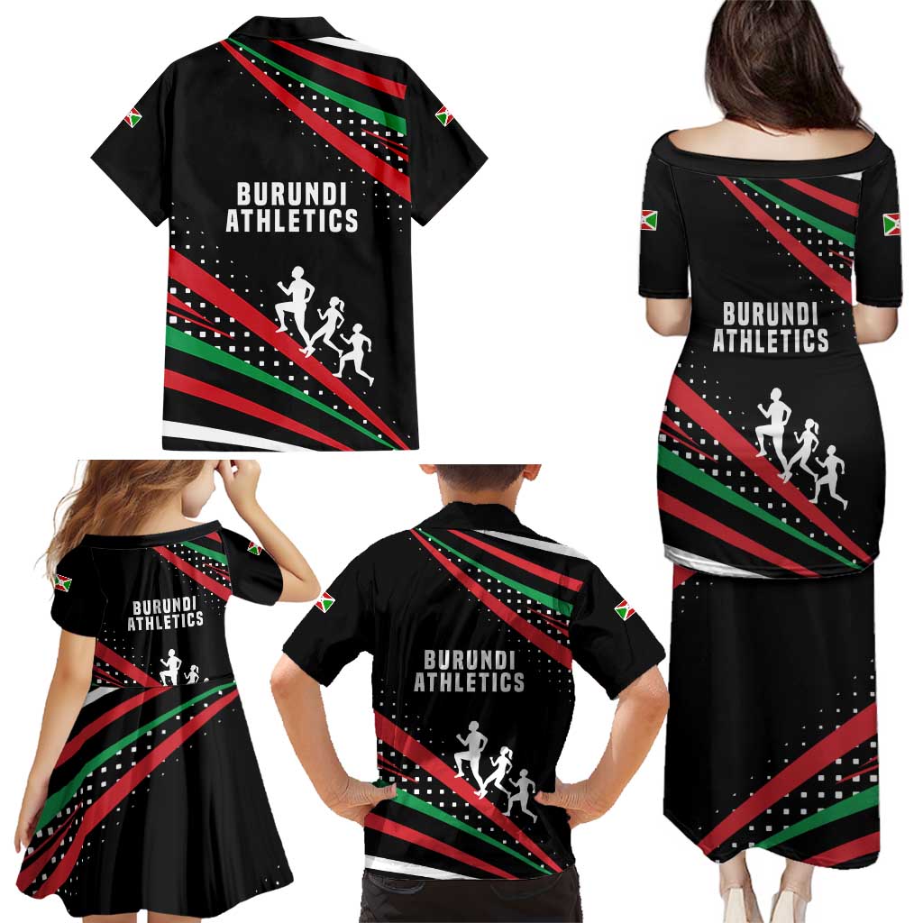 Burundi Family Matching Puletasi and Hawaiian Shirt with Athletics Runners Black Red Green Flag Spirit