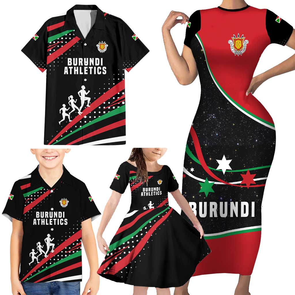 Burundi Family Matching Short Sleeve Bodycon Dress and Hawaiian Shirt with Athletics Runners Black Red Green Flag Spirit