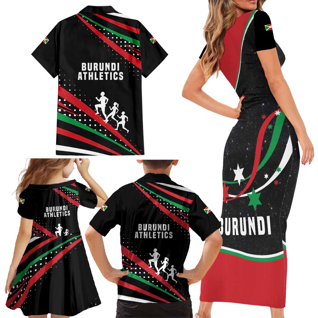 Burundi Family Matching Short Sleeve Bodycon Dress and Hawaiian Shirt with Athletics Runners Black Red Green Flag Spirit